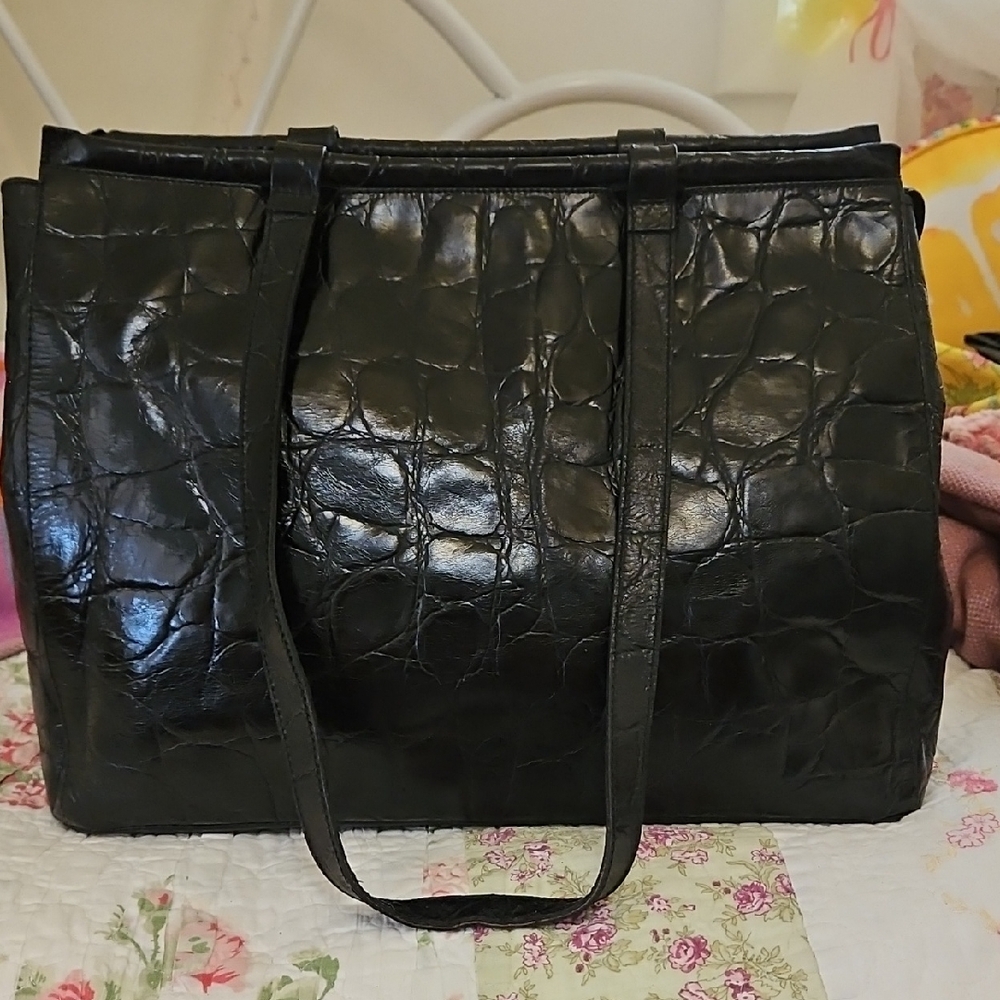 FURLA Black Leather Croc Embossed Tote
